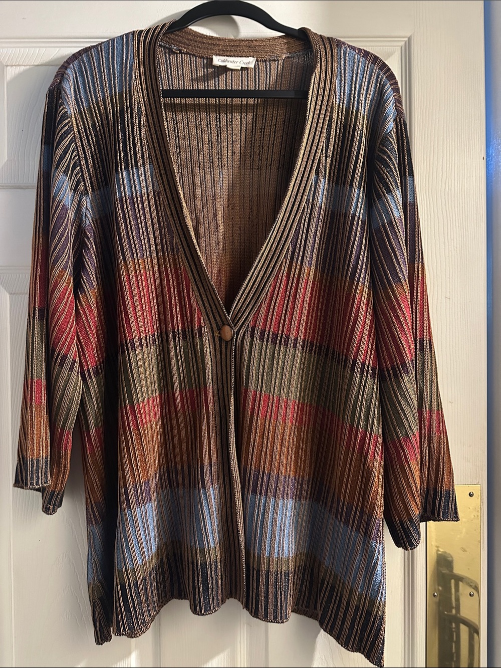 Coldwater Creek Multicolor Striped V-Neck Cardigan — Brown, Blue, Red